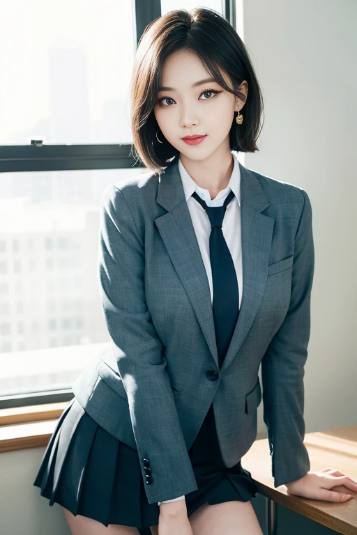 8k RAW photo, High resolution, A cool 21 year old Korean, Big round breasts, , tie, tie ribbon, blazer, skirt, Beautiful eyes in every detail, Long eyelashes, Beautiful double eyelids, eye shadow, Long, narrow eyes, Three white eyes, Heavy eye makeup, Wicked Smile, Beautiful slim legs, Short hair tied back, Earrings, School classroom