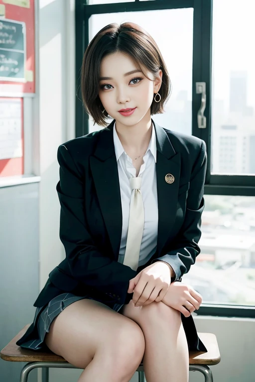 8k RAW photo, High resolution, A cool 21 year old Korean, Big round breasts, , tie, tie ribbon, blazer, skirt, Beautiful eyes in every detail, Long eyelashes, Beautiful double eyelids, eye shadow, Long, narrow eyes, Three white eyes, Heavy eye makeup, Wicked Smile, Beautiful slim legs, Short hair tied back, Earrings, School classroom