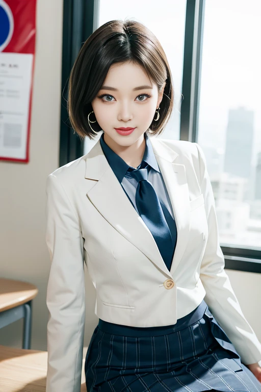 8k RAW photo, High resolution, A cool 21 year old Korean, Big round breasts, , tie, tie ribbon, blazer, skirt, Beautiful eyes in every detail, Long eyelashes, Beautiful double eyelids, eye shadow, Long, narrow eyes, Three white eyes, Heavy eye makeup, Wicked Smile, Beautiful slim legs, Short hair tied back, Earrings, School classroom