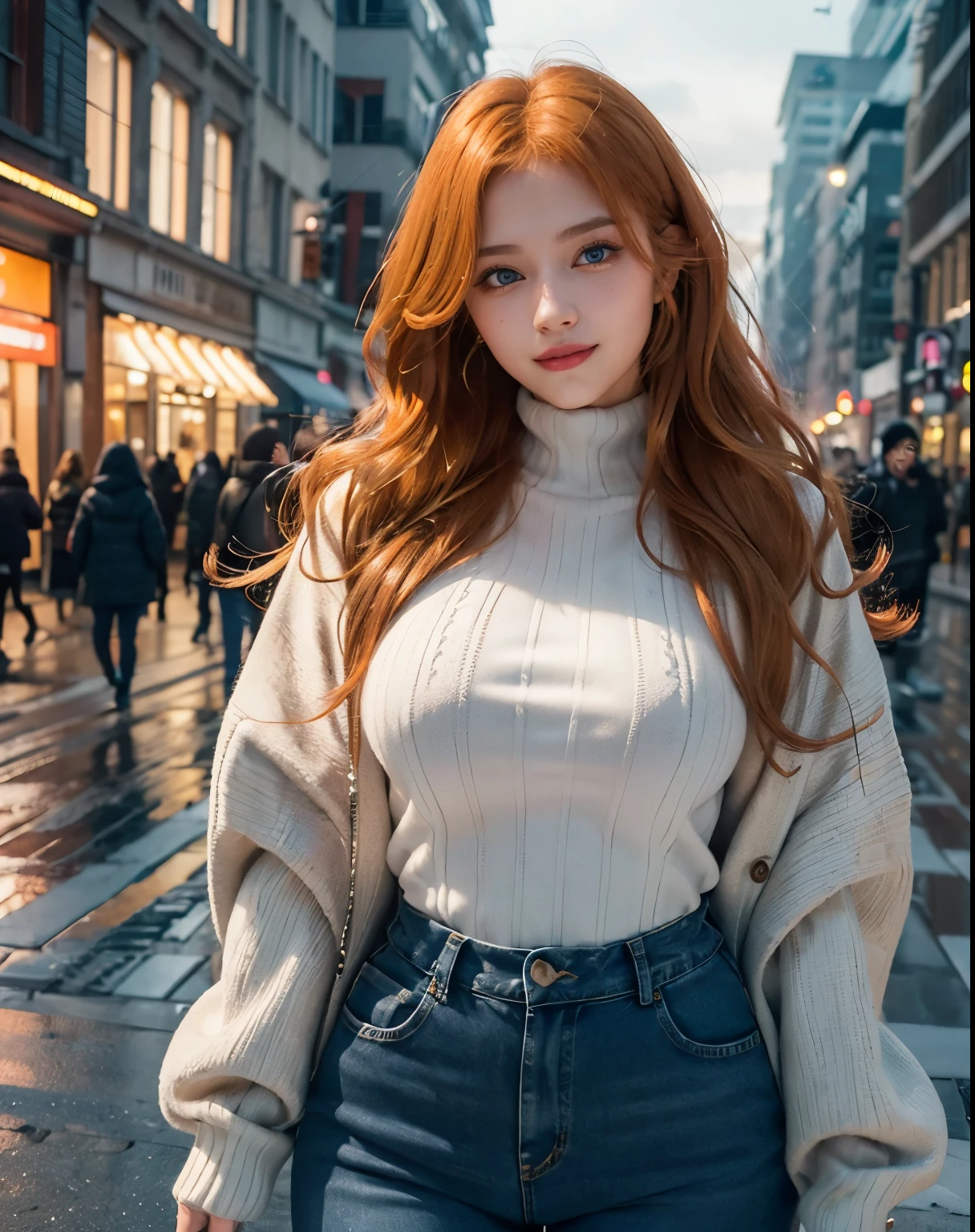 1girl, (Blue Eyes), (smiling :1.2), (Sana Minatozaki), (beautiful make-up :1.2), wide hips, Big tits, big ass, (thin waist: 1.2), (thick and toned thighs), (Best Quality, 8k, Masterpiece: 1.3), Clear Focus: 1.2, Perfect Body Beauty: 1.4, strong abs, Highly detailed face and skin texture, detailed eyes, double eyelids, (orange long wavy hair :1.2), (water resistant winter jacket), (long sweater :1.2), jeans, standing, dynamic pose, on a central street at night illuminated by yellow lights, light bulbs hanging in the background, blurred background