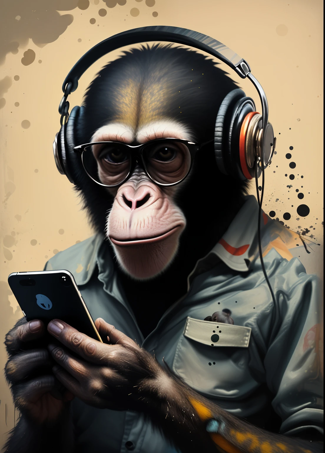 um close up de um macaco intelectual segurando um celular, macaco entediado nft, high quality works of art, Dirigido por: Alex Petruk APe, macaco entediado, obras de arte impressionantes, Amazing art, arte linda, inspirado em Igor Morski,