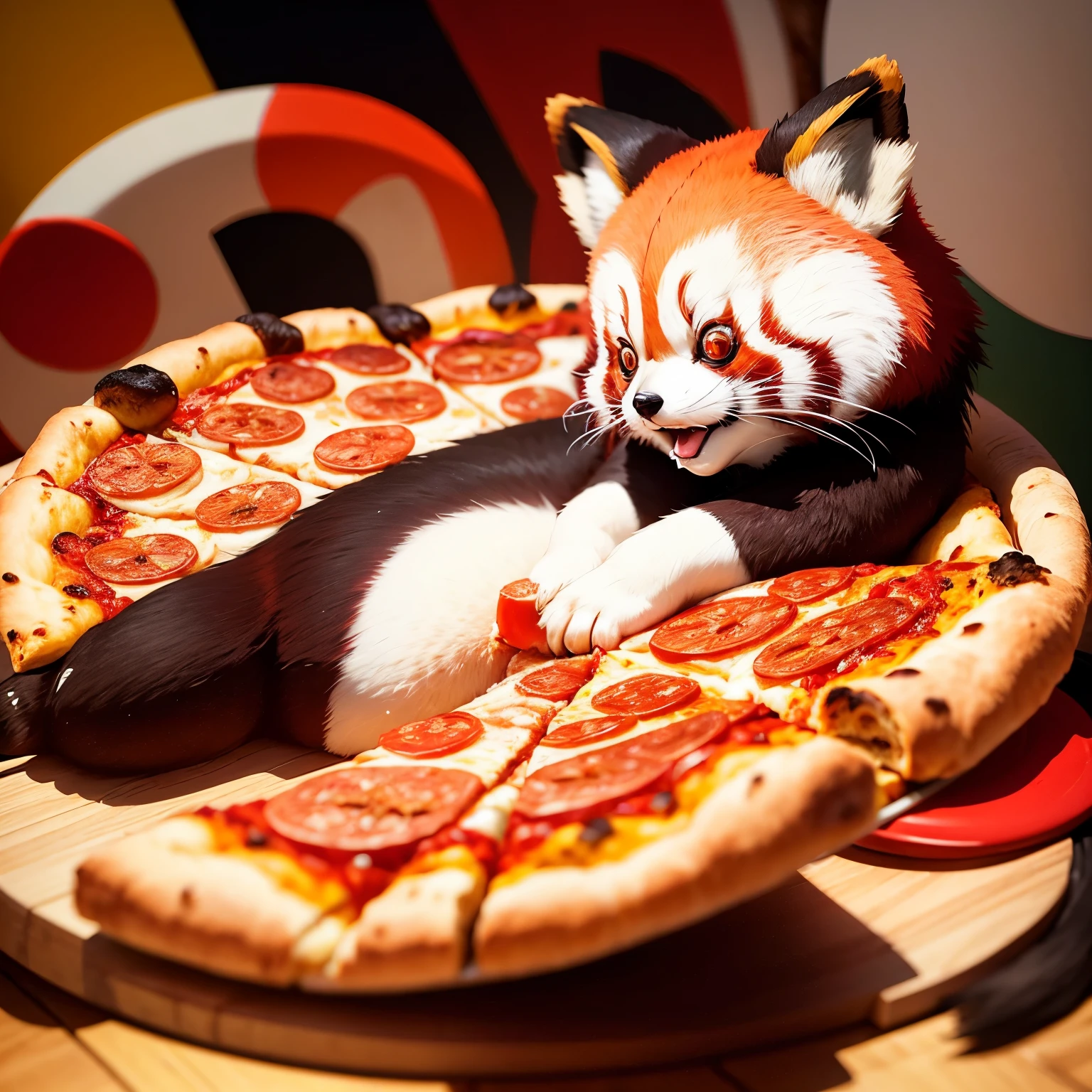 generate an image about a cartoon red panda with pizza for a pizzeria called “nippon pizzeria”