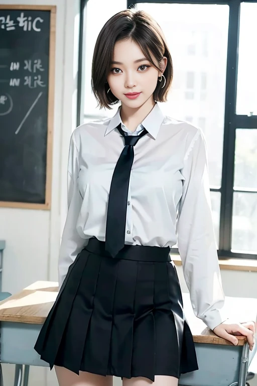 8k RAW photo, High resolution, A cool 21 year old Korean, Big round breasts, , tie, tie ribbon, blazer, skirt, Beautiful eyes in every detail, Long eyelashes, Beautiful double eyelids, eye shadow, Long, narrow eyes, Three white eyes, Heavy eye makeup, Wicked Smile, Beautiful slim legs, Short hair tied back, Earrings, School classroom