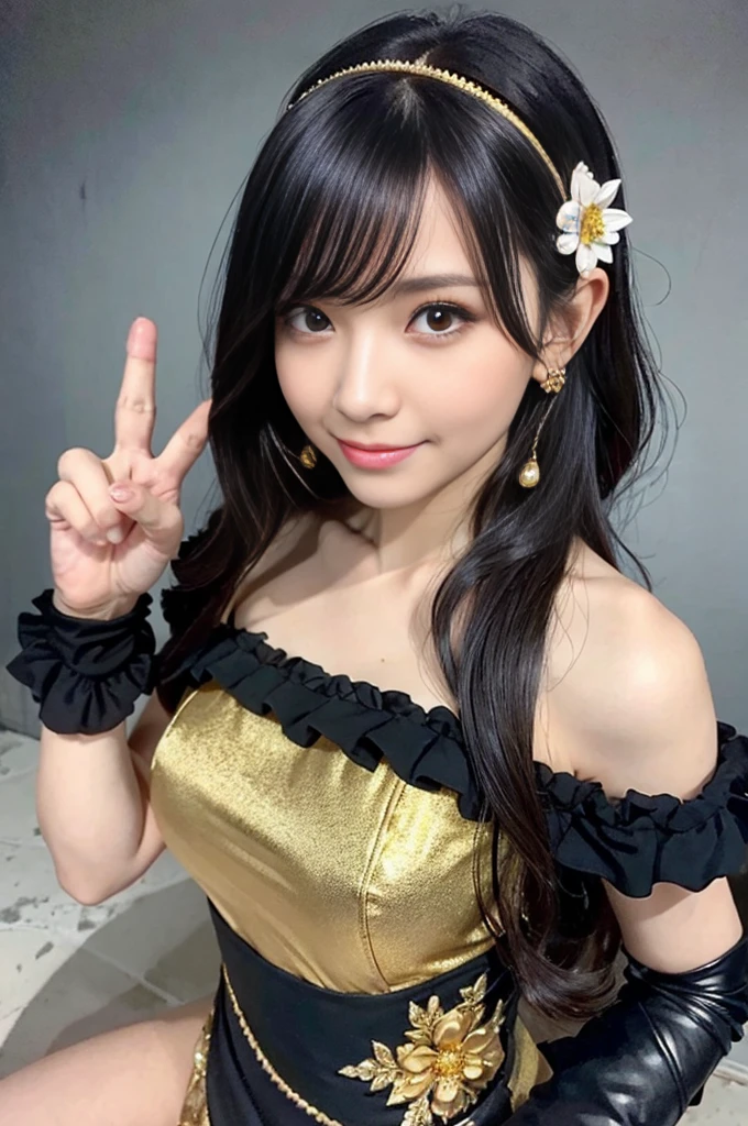 yor briar, anime style beutiful woman, 1girl,fullbody, happy, smile, red face, closed mouth, beautiful detailed eyes, super detailed skin, backlighting, bare shoulders, black background, black dress, black gloves, black hair, breasts, dress, earrings, fingerless gloves, floating hair, floral print, flower, gloves, gold earrings, gold hairband, hair flower, hair ornament, hairband, holding, holding weapon, jewelry, large breasts, long hair, looking at viewer, off-shoulder dress, off shoulder,red eyes, short hair with long locks, sidelocks, solo, spikes, thighs, two-sided dress, two-sided fabric, weapon, fighting stance , face, close up, from above, highest quality, high resolution.