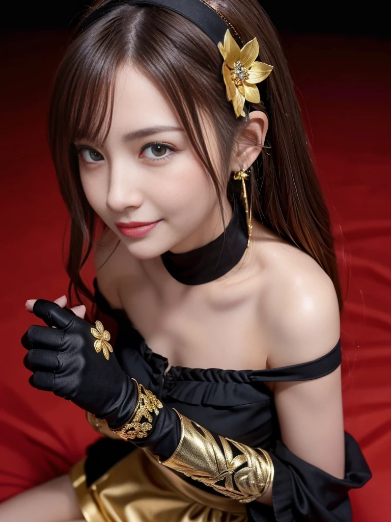 yor briar, anime style beutiful woman, 1girl,fullbody, happy, smile, red face, closed mouth, beautiful detailed eyes, super detailed skin, backlighting, bare shoulders, black background, black dress, black gloves, black hair, breasts, dress, earrings, fingerless gloves, floating hair, floral print, flower, gloves, gold earrings, gold hairband, hair flower, hair ornament, hairband, holding, holding weapon, jewelry, large breasts, long hair, looking at viewer, off-shoulder dress, off shoulder,red eyes, short hair with long locks, sidelocks, solo, spikes, thighs, two-sided dress, two-sided fabric, weapon, fighting stance , face, close up, from above, highest quality, high resolution.