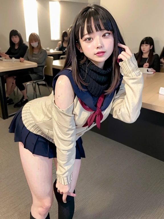 best quality, masterpiece, realistic, photorealistic, standing, cosplay, BLACK hair, twintails, hair ornament, headphones, ,sailor collar, shirt, long sleeves, necktie,, pleated skirt, loafers, 30 years old、Japanese women、Black Hair、Very short hair、Twin tails、Flat Chest、 white room as the background、Singing a song、