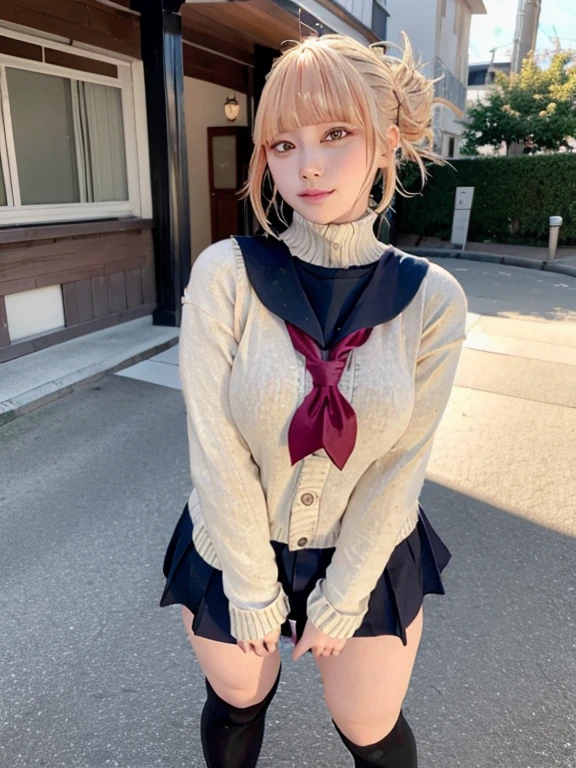 ((Tabletop)), ((highest quality)), (Very detailed), Genuineistic, Genuine, Dynamic Angle, One girl per photo, Full Body Shot, Front view, Young and pretty girl in Japan, Long Bob Hair, Attractive person ,Big ample breasts, A big smile, Off-the-shoulder sweater, Black mini skirt, Leather Knee High Boots, Super cute face, Glossy Lips, Double eyelids on both eyes, Natural Makeup, 光沢のある滑らかなライトブラウンのLong Bob Hair, Asymmetrical bangs, High resolution, Attention to detail, Detailed hairstyle, Detailed face, Cinema Lighting, Octane Rendering, Ultra-realistic, Perfect limbs, Perfect Anatomy