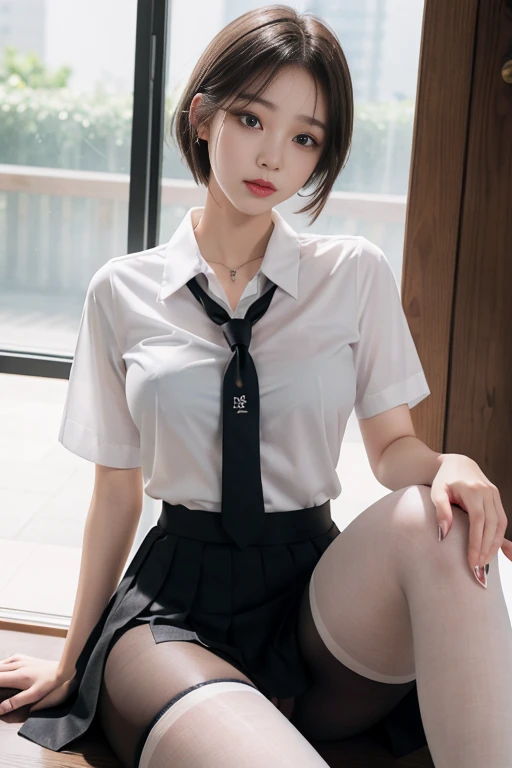 韓国のSchool制服、Summer Shirts、Tight shirt、Ribbon tie、Skirt、School、Schoolの階段、Chest lift pose、Emphasize the chest、Thin and large、8k RAW photo、High resolution、18 year old Korean、Embarrassing appearance、Very large round breasts、Beautifully drawn eyes in every detail、Long eyelashes、Beautiful double eyelids、eye shadow、Eyeliner、Narrow eyes、Elongated eye shape、Three white eyes、Beautiful slim legs、Beautiful and thin thighs、Random Shorthair、Tie your hair behind your head、耳Nipple Ring、Light brown hair、(Wear pantyhose)、Holding my knees