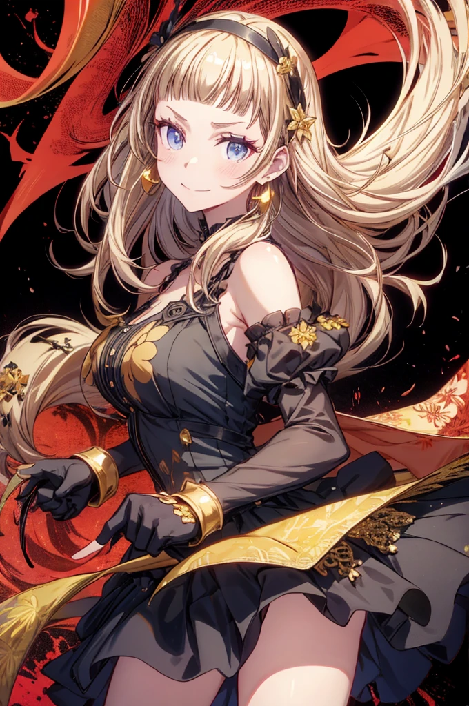 yor briar, anime style beutiful woman, 1girl,fullbody, happy, smile, red face, closed mouth, beautiful detailed eyes, super detailed skin, backlighting, bare shoulders, black background, black dress, black gloves, black hair, breasts, dress, earrings, fingerless gloves, floating hair, floral print, flower, gloves, gold earrings, gold hairband, hair flower, hair ornament, hairband, holding, holding weapon, jewelry, large breasts, long hair, looking at viewer, off-shoulder dress, off shoulder,red eyes, short hair with long locks, sidelocks, solo, spikes, thighs, two-sided dress, two-sided fabric, weapon, fighting stance , face, close up, from above, highest quality, high resolution.