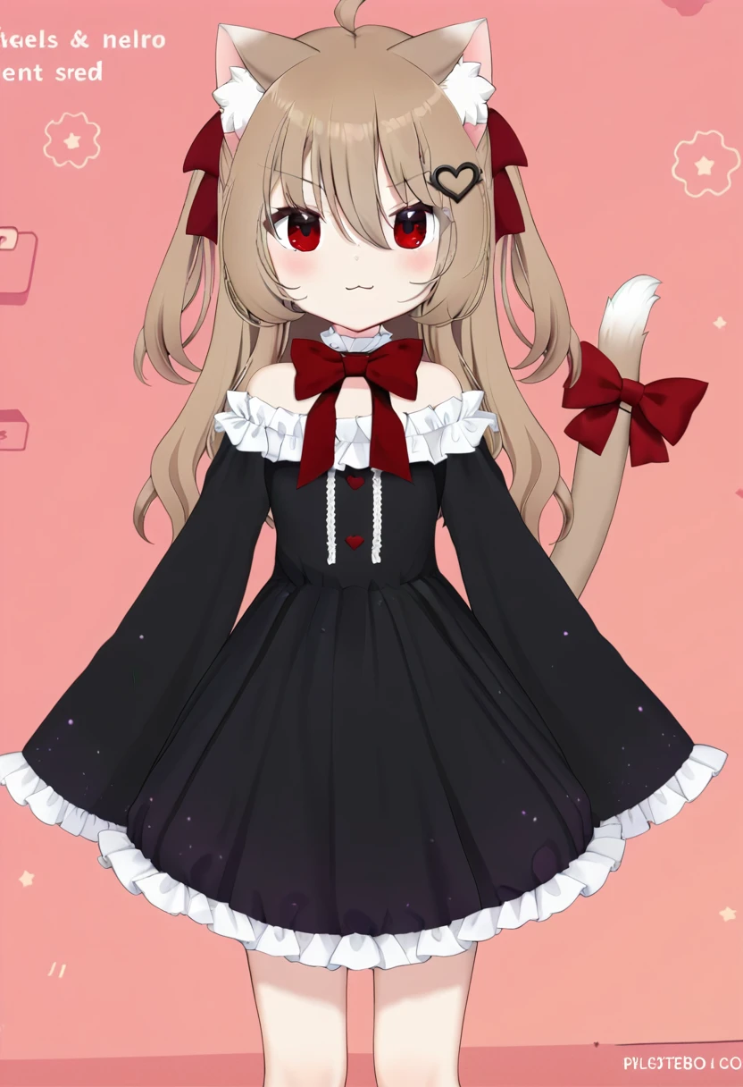 1girl, evil neuro-sama, red eyes, light brown hair, ahoge, two side up, hair ribbon, dark red ribbon, heart hair ornament, black dress, frilled dress, off-shoulder dress, bare shoulders, frilled choker, long sleeves, red bow, red buttons, black heart, black socks, frilled socks, grey footwear, loafers, cat ears, cat tail, tail bow, :3, masterpiece, best quality, highly detailed, finely detailed