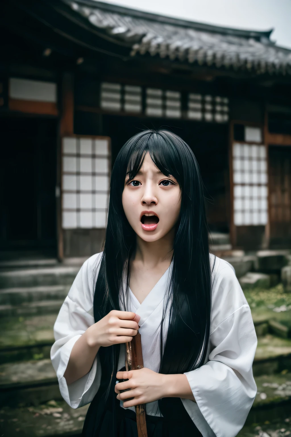 (8K)、(highest quality: 1.2)、(Real)、(Real: 1.37)、Ultra-high resolution、horror film、Dark world、Dilapidated ruins of a Japanese shrine、Long black hair、18-year-old female Japanese ghost cosplay in black funeral attire、An angry, open-mouthed, screaming expression、Chasing after me at full speed、pale、Bloodless face、Ghost photos、scared、Creepy、curse、Wandering Soul、A regretful look、scared face、