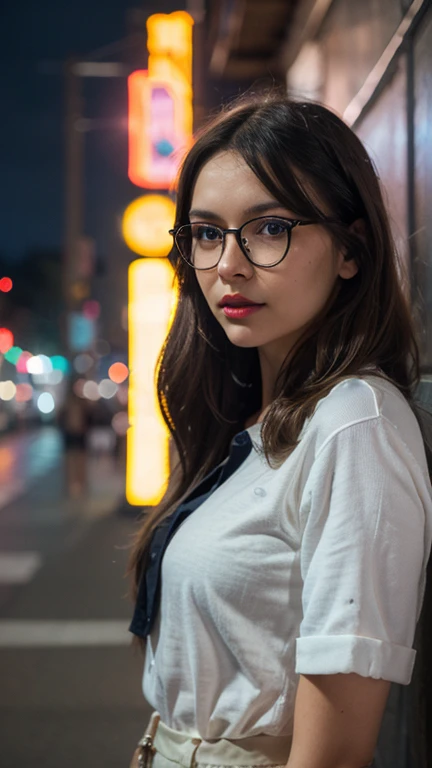 photorealistic, (4k), depth of field, (Masterpiece), (realistic skin texture), extremely detailed, intricate, hyper detailed, professional photography, bokeh, high resolution, sharp detail, best quality, woman, glasses, long hair, black hair,  dark blue eyes, blue shirt, white pants, red lipstick, tired eyes, one arm holding her hair, dynamic pose, night club, night life atmosphere 