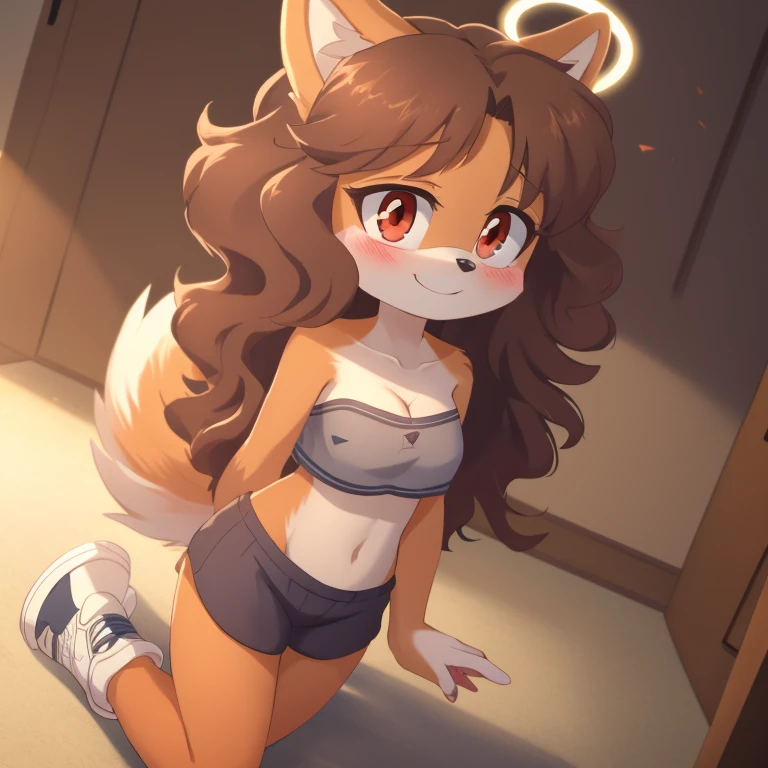 mobian, hedgehog, two-tone fur ((orange fur, brown fur)), pyjama elastic shorts, strapless crop top, cleavage, high-top sneakers, two-tone hair (brown hair, black tip)), curly hair, halo, sunglasses, jewelry, red eyes, longeyelashes, red eyes, smile, shy, blush, high detail, masterpiece, UHD, anatomically correct, super detail, highres, 4K