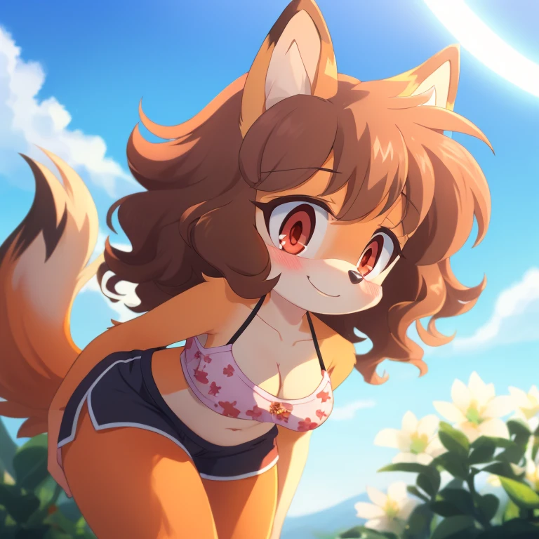 mobian, hedgehog, two-tone fur ((orange fur, brown fur)), pyjama elastic shorts, strapless crop top, cleavage, high-top sneakers, two-tone hair (brown hair, black tip)), curly hair, halo, sunglasses, jewelry, red eyes, longeyelashes, red eyes, smile, shy, blush, high detail, masterpiece, UHD, anatomically correct, super detail, highres, 4K