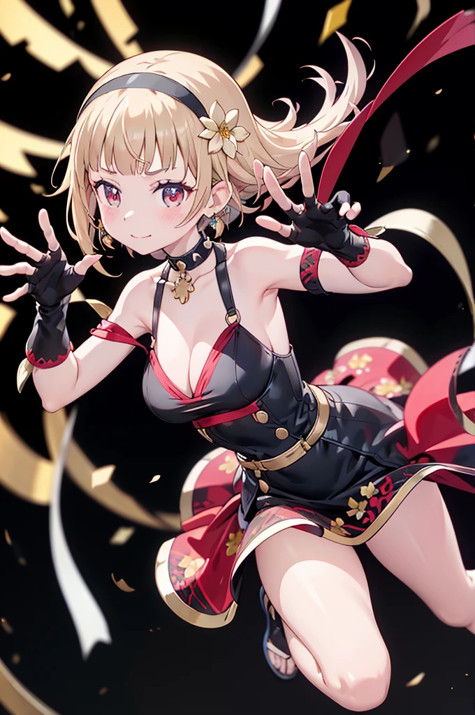 yor briar, anime style beutiful woman, 1girl,fullbody, happy, smile, red face, closed mouth, beautiful detailed eyes, super detailed skin, backlighting, bare shoulders, black background, black dress, black gloves, black hair, breasts, dress, earrings, fingerless gloves, floating hair, floral print, flower, gloves, gold earrings, gold hairband, hair flower, hair ornament, hairband, holding, holding weapon, jewelry, large breasts, long hair, looking at viewer, off-shoulder dress, off shoulder,red eyes, short hair with long locks, sidelocks, solo, spikes, thighs, two-sided dress, two-sided fabric, weapon, fighting stance , face, close up, from above, highest quality, high resolution.