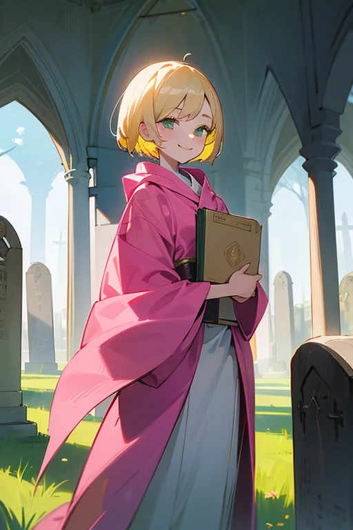 1girl, slender, 152.4cm, cute, short blond hair, green eyes, healthy skin, colorful robe, holding pink book, smile, in graveyard,