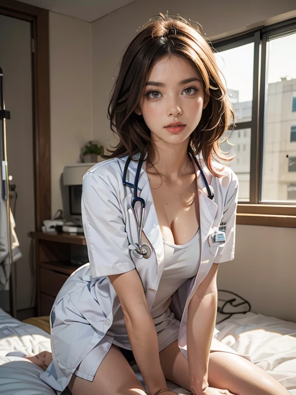 (((HD photo))), ultra high res.photorealistic:. 1.4, UHD, masterpiece, trending on artstation, portrait, full body shot, 1girl, pretty, cute face, most beautiful in the world, cleavage, soft, delicate, (medium red hair), perfect figure, (wearing white doctor uniform:1.2), leaning over, holding stethoscope:1.4, medical fetish, examination, sunkissed, hospital ward background, sfw