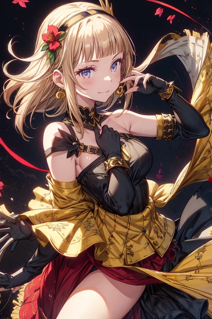 yor briar, anime style beutiful woman, 1girl,fullbody, happy, smile, red face, closed mouth, beautiful detailed eyes, super detailed skin, backlighting, bare shoulders, black background, black dress, black gloves, black hair, breasts, dress, earrings, fingerless gloves, floating hair, floral print, flower, gloves, gold earrings, gold hairband, hair flower, hair ornament, hairband, holding, holding weapon, jewelry, large breasts, long hair, looking at viewer, off-shoulder dress, off shoulder,red eyes, short hair with long locks, sidelocks, solo, spikes, thighs, two-sided dress, two-sided fabric, weapon, fighting stance , face, close up, from above, highest quality, high resolution.
