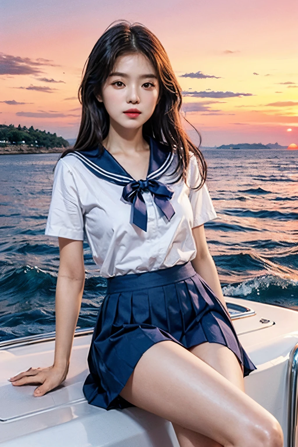 ((best quality)), ((masterpiece)), (detailed), perfect face, woman riding a sailboat, wearing a sailor uniform, Striped skirt in white and navy blue, straight legs, sunset, sunset,