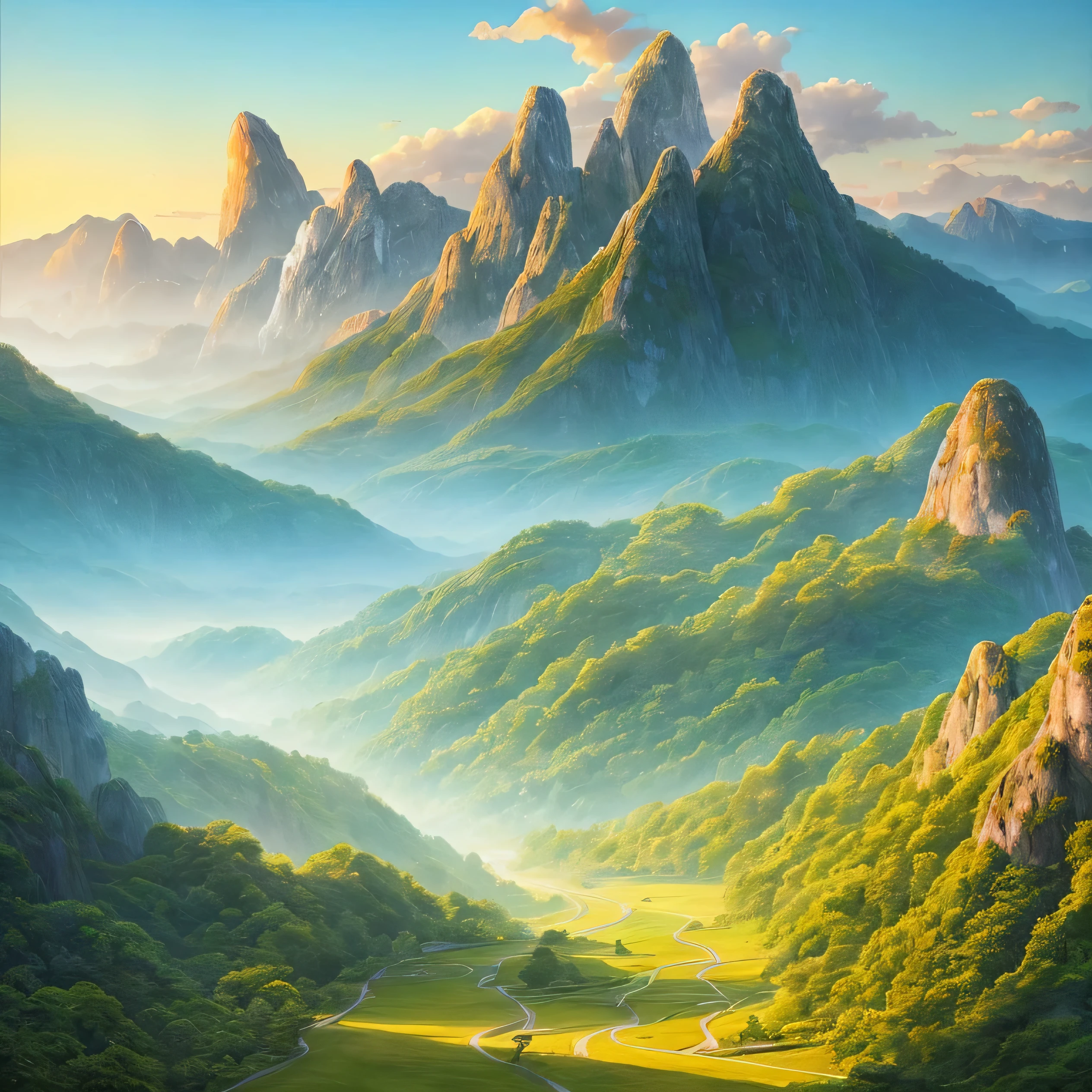 (Majestic mountains rise high, their peaks touching the sky, a beautiful landscape unfolds below, with rolling hills carpeted in lush green vegetation. The scenic view is filled with giant rocks, their textures intricately detailed, as crystal-clear lakes mirror the winding paths that lead deeper into this peaceful atmosphere. An oil painting comes to life with an ultra-detailed and realistic approach, using a soft color palette that captures the warmth of the sunlight filtering through the scene.)