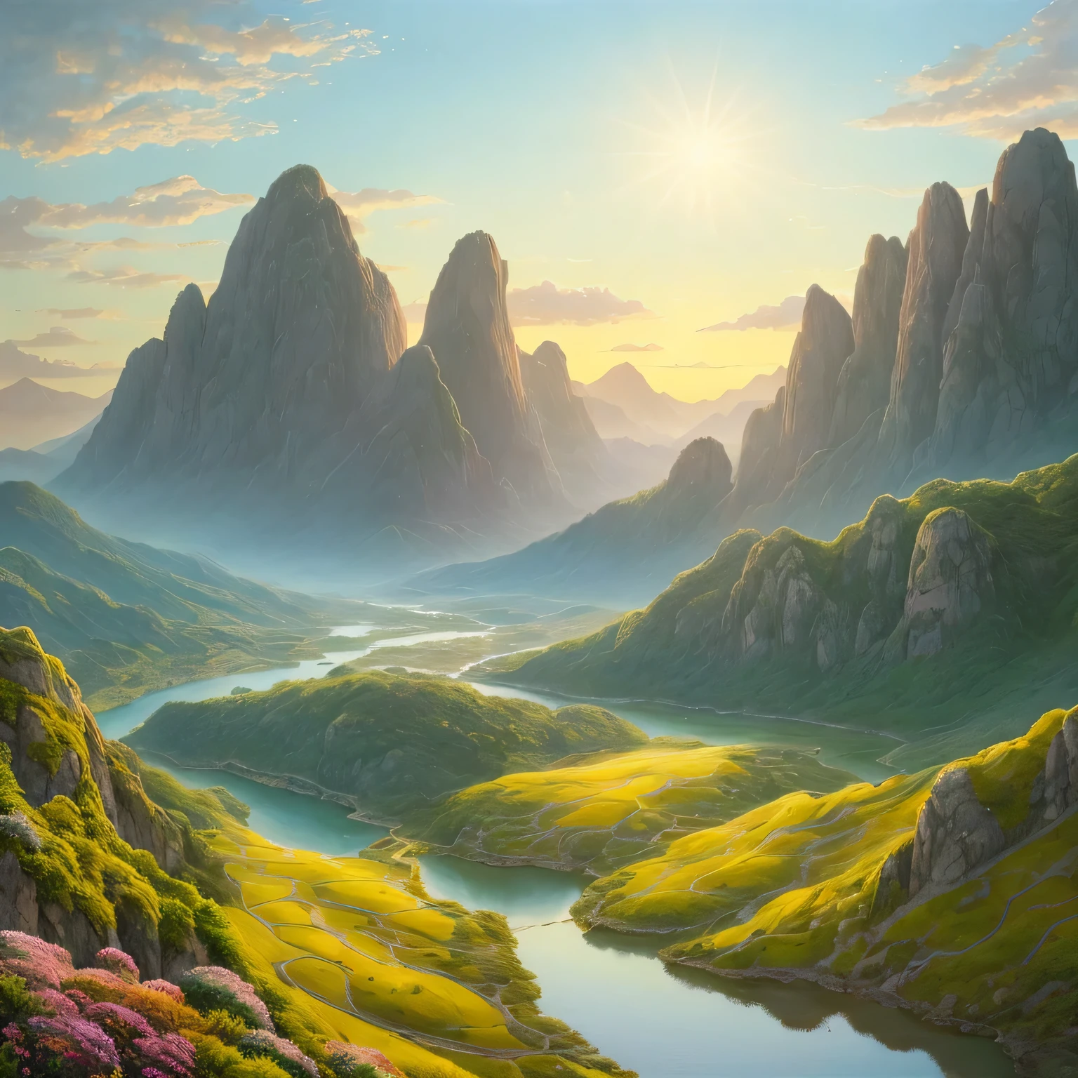 (Majestic mountains rise high, their peaks touching the sky, a beautiful landscape unfolds below, with rolling hills carpeted in lush green vegetation. The scenic view is filled with giant rocks, their textures intricately detailed, as crystal-clear lakes mirror the winding paths that lead deeper into this peaceful atmosphere. An oil painting comes to life with an ultra-detailed and realistic approach, using a soft color palette that captures the warmth of the sunlight filtering through the scene.)