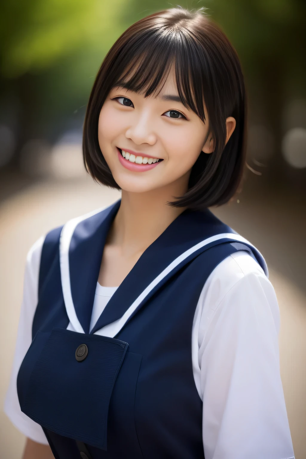 (masterpiece、16k image、high resolution、highest quality)、solo、One Girl、(Japanese Girls' High School Sailor Uniform,perfection)、(Perfect anatomy,Beautiful body、Healthy Body、Beautiful Skin)、sunny day、Black-haired、Short-haired、black eye、On the way home、Huge boobs:1.5、School zone、Artistic.、Beautiful woman、Beauty Body、smile、gravure、