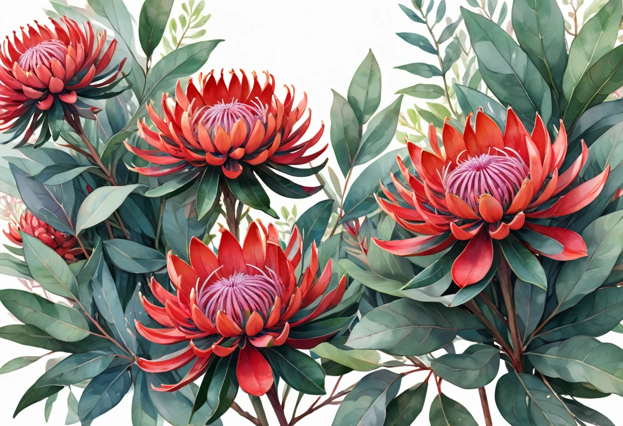 delicate and colorful blooms of the Waratah flower frame, set against a backdrop of lush greenery and eucalyptus leaves. on a White background, illustration design, flat design, Styles watercolor and ink splashes, detailed strokes, vibrant shades bright color palette, watercolor splashes, flat design, ethereal,4k