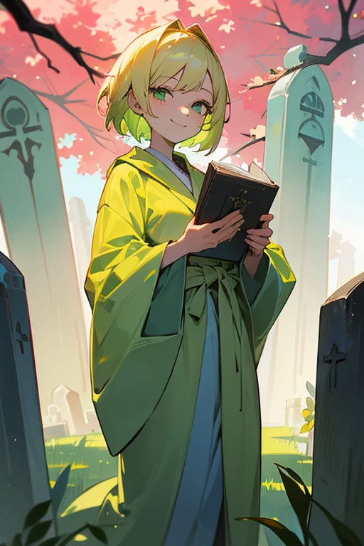 1girl, slender, 152.4cm, cute, short blond hair, green eyes, healthy skin, colorful robe, holding colorful book, smile, in graveyard,