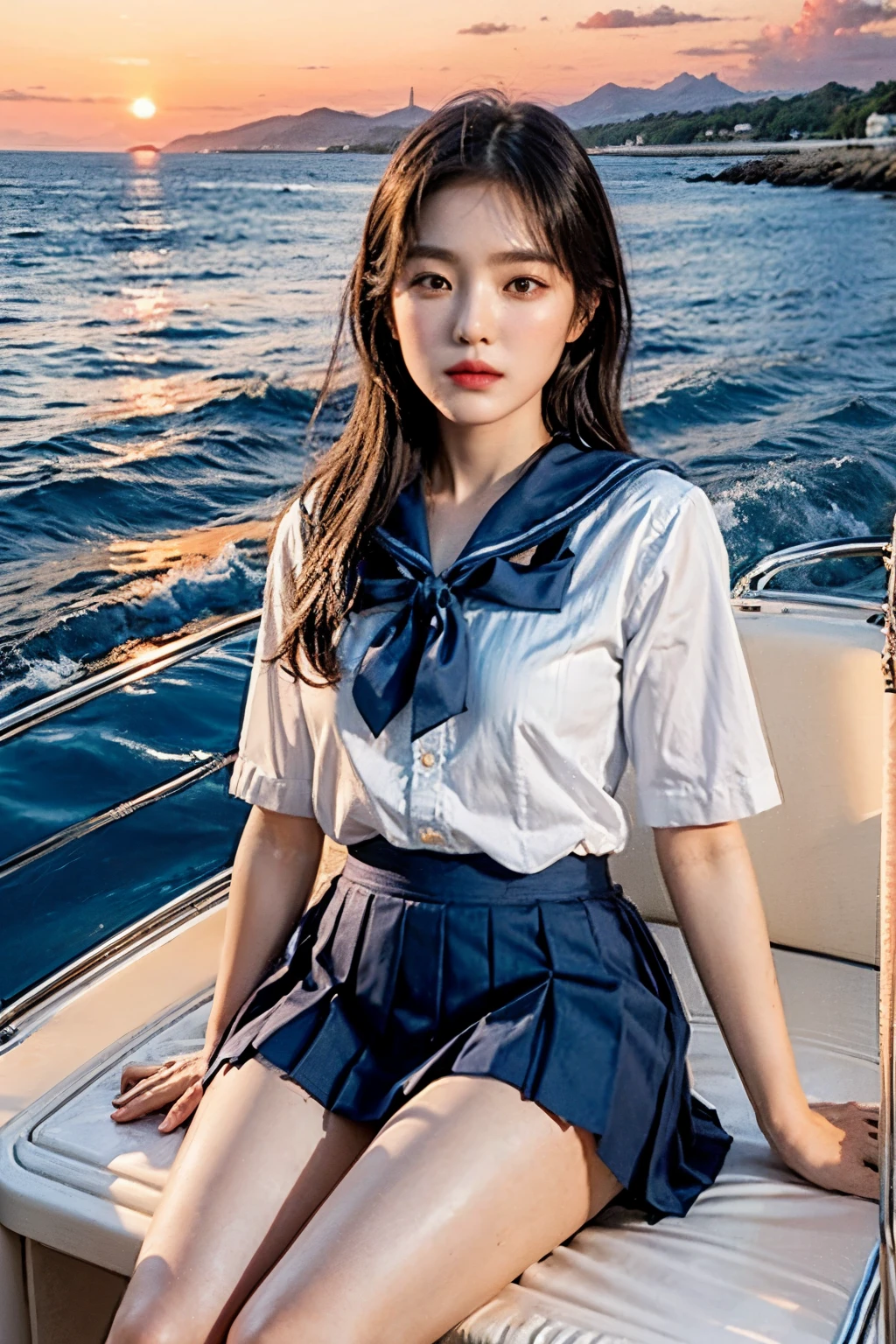 ((best quality)), ((masterpiece)), (detailed), perfect face, woman riding a sailboat, wearing a sailor uniform, Striped skirt in white and navy blue, straight legs, sunset, sunset,