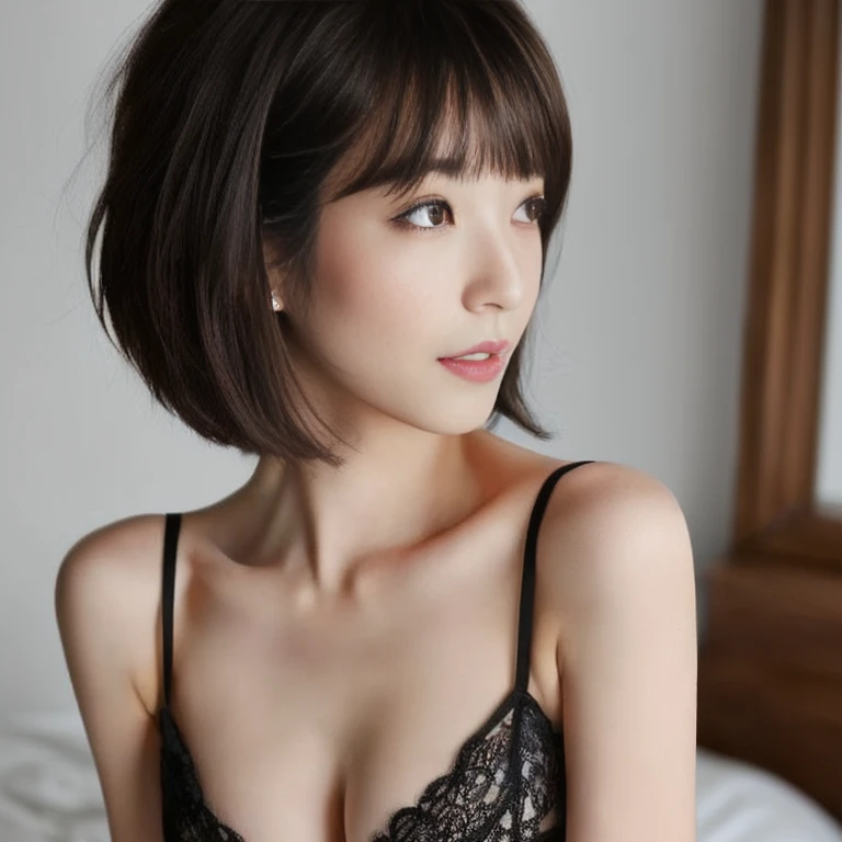 ((Top Quality, 8k, Masterpiece: 1.4)), japanese woman, ((blush, short bob cut, skinny:1.2)), ((30 years old:1,2)), ((looking at viewer:1.4)), inside bedroom,