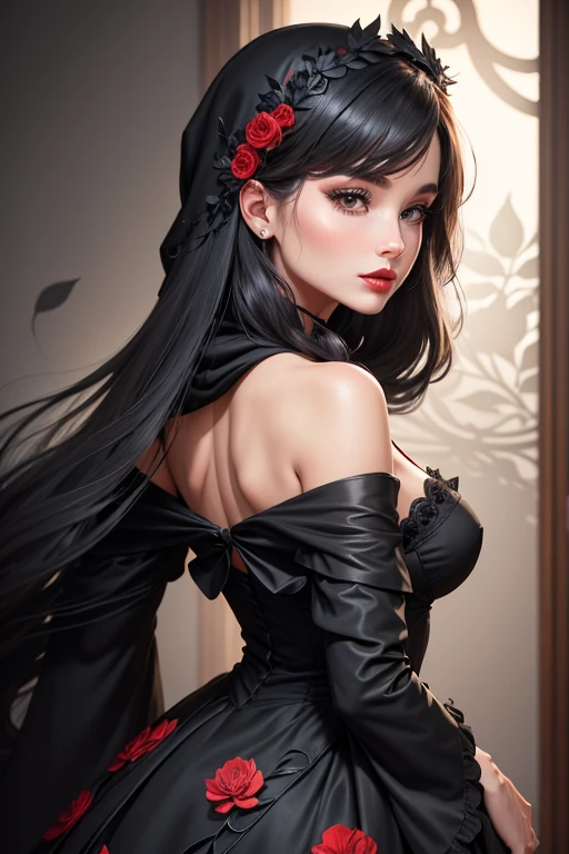 Sketch of a beautiful woman in a black and gray dress slightly bent back, her hair swirled with black and white outlines of leaves and flowers. The only color is her dress and red lips. She has high cheekbones, hooded eyes