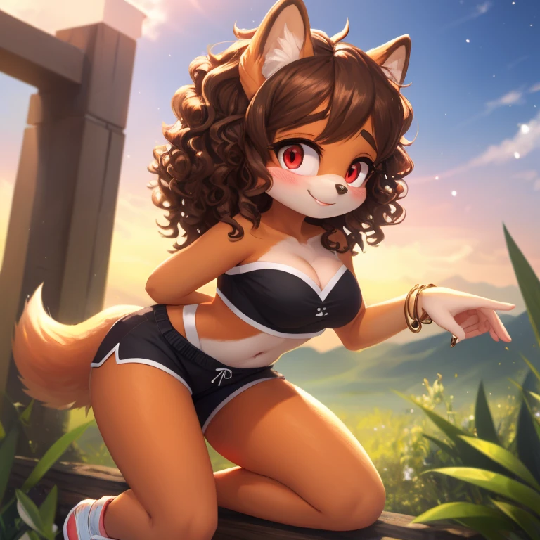 mobian, hedgehog, two-tone fur ((orange fur, brown fur)), pyjama elastic shorts, strapless crop top, cleavage, high-top sneakers, two-tone hair (brown hair, black tip)), curly hair, halo, sunglasses, jewelry, red eyes, longeyelashes, red eyes, smile, shy, blush, high detail, masterpiece, UHD, anatomically correct, super detail, highres, 4K