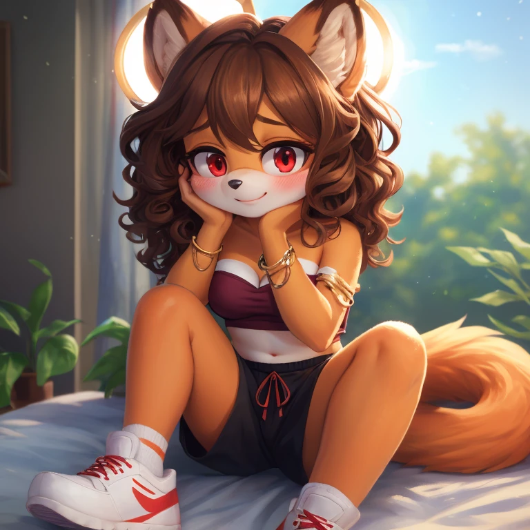 mobian, hedgehog, two-tone fur ((orange fur, brown fur)), pyjama elastic shorts, strapless crop top, cleavage, high-top sneakers, two-tone hair (brown hair, black tip)), curly hair, halo, sunglasses, jewelry, red eyes, longeyelashes, red eyes, smile, shy, blush, high detail, masterpiece, UHD, anatomically correct, super detail, highres, 4K