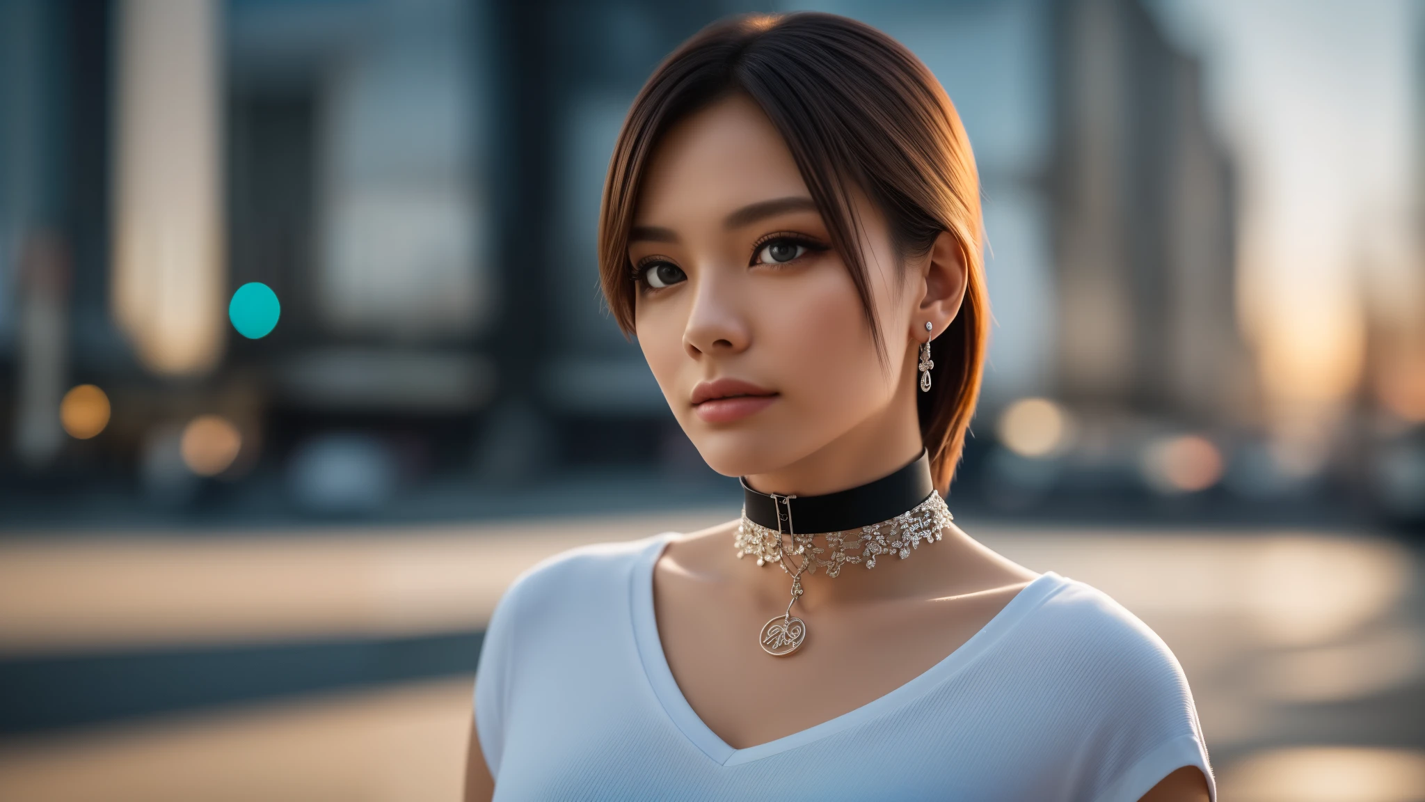 tmasterpiece,best qualtiy,hdr, hyper HD, 8K,Bokeh,Ultra-fine painting,Sharp focus,Physically-based rendering,Extreme detail description,choker, half-body photo,looking at viewer, (EOS R8, 50 millimeters, F1.2, 8K, RAW photo:1.2)