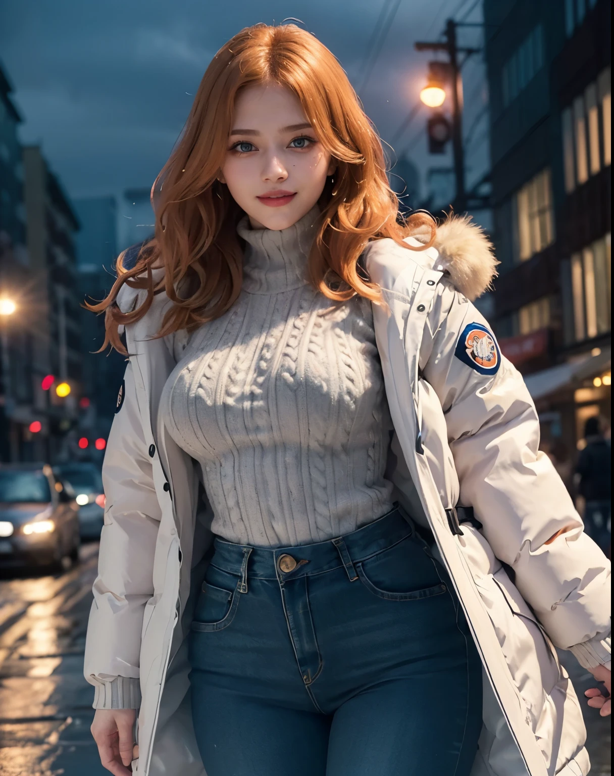 1girl, (Blue Eyes), (smiling :1.2), (Sana Minatozaki), (beautiful make-up :1.2), wide hips, Big tits, big ass, (thin waist: 1.2), (thick and toned thighs), (Best Quality, 8k, Masterpiece: 1.3), Clear Focus: 1.2, Perfect Body Beauty: 1.4, strong abs, Highly detailed face and skin texture, detailed eyes, double eyelids, (orange long wavy hair :1.2), (water resistant winter jacket :1.3), (long sweater :1.2), jeans, standing, dynamic pose, on a central street at night illuminated by lights, light bulbs in the background, blurred background