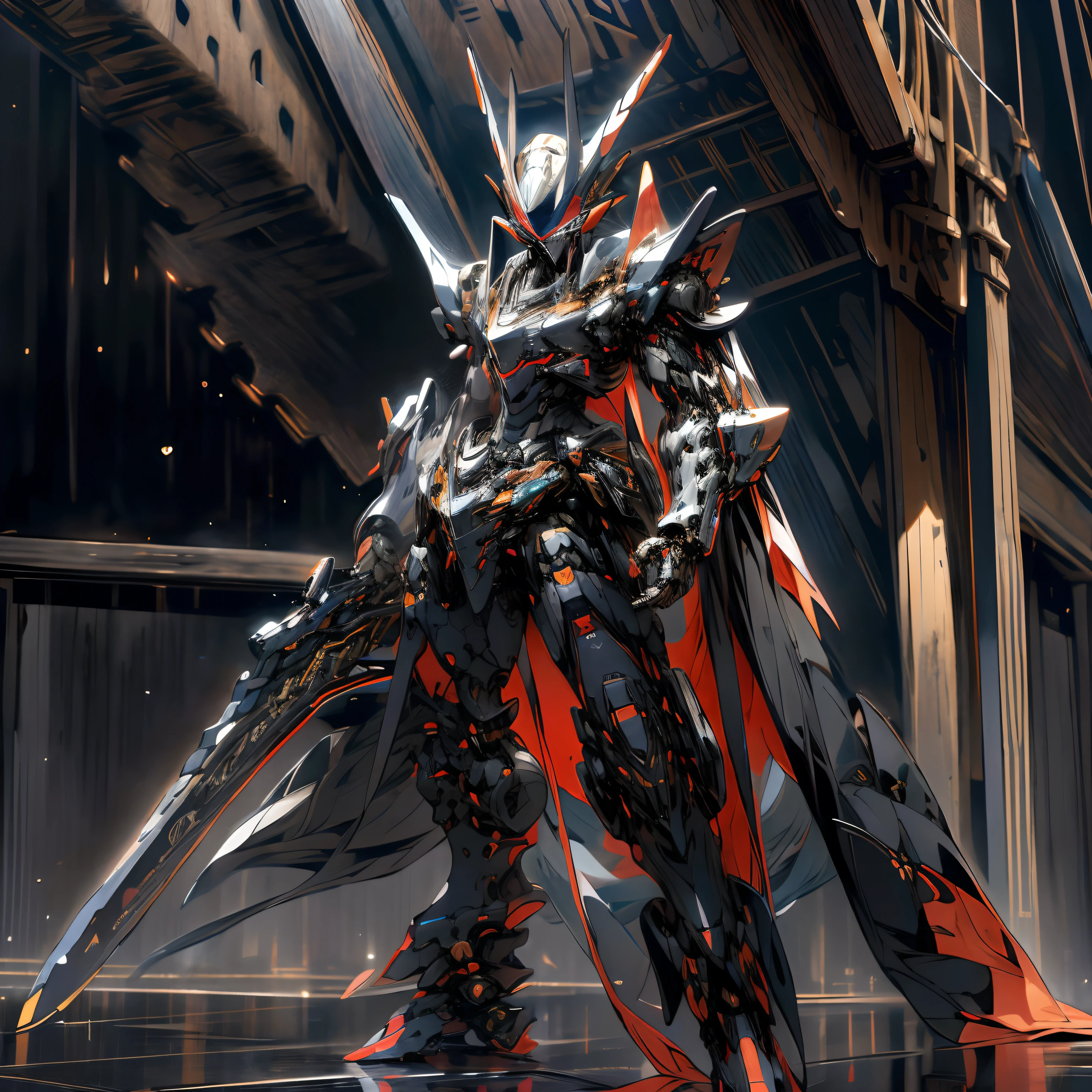A robot, melhor qualidade, Altamente detalhado, ultra-detalhado, obra de arte, Papel de parede 8K, Tema preto, olhos vermelhos, anatomia ruim, absurdos, high resolution, super fine illustration, absurdos, Sozinho, jogo cg, Senhor,at night, (luz negra:1), (Belo rosto e olhos detalhados:1), command spell,museu mecha,mascarar,mechanical parts, robot joints, armadura completa,corpo todo, inclinando-se para o lado