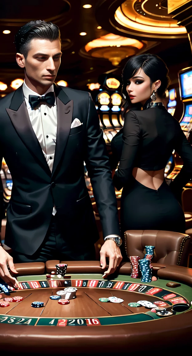 Elegant casino. Men in tuxedos and women in luxurious dresses play poker, roulette and throw dice. The anthropomorphic cyborgs that harmonize with this glamorous scene are imperceptibly lost among them.