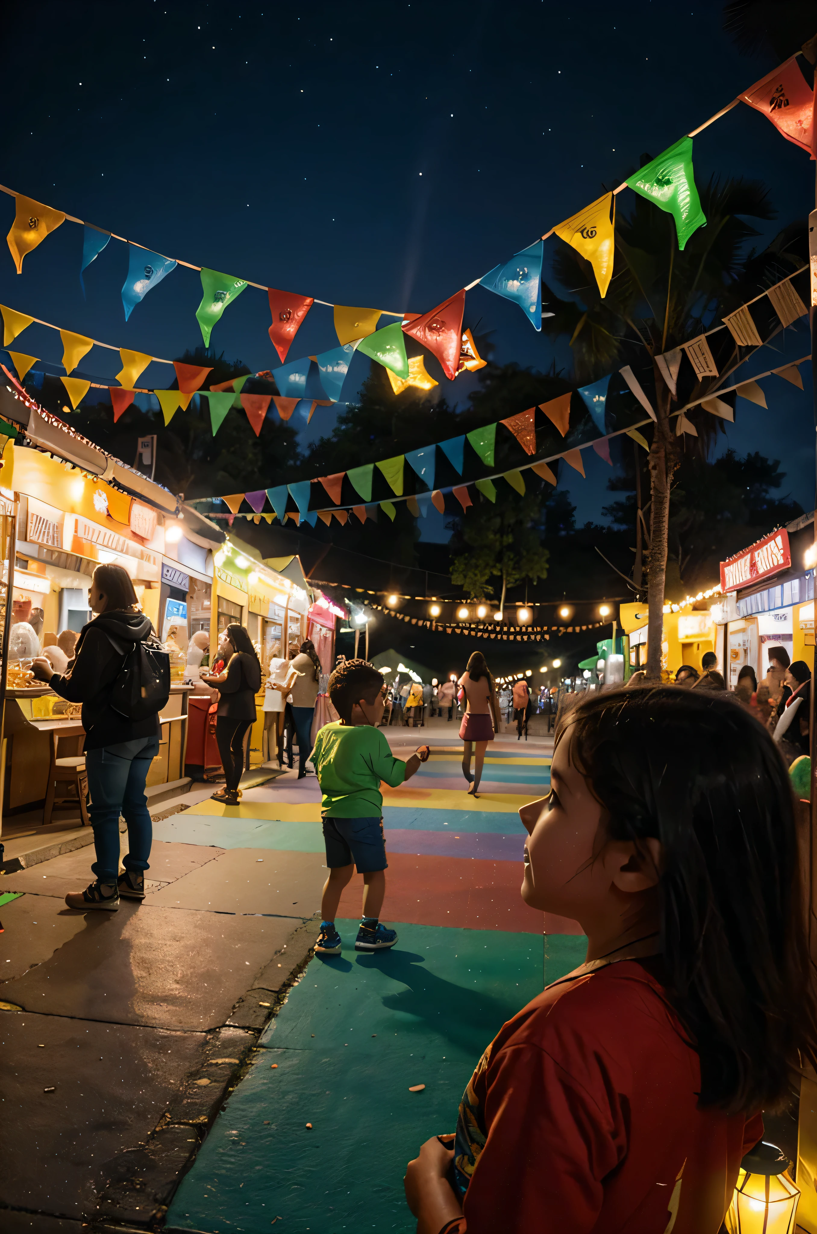 Festival con muchas luces de colores, Puestos de comida, Personas divirtiendose, children playing, Plano general.
