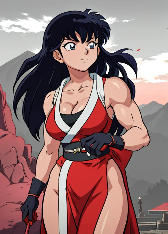 masterpiece, best quality, Kagome Higurashi, 25 years old, matured face, beautiful detailed eyes, ultra detailed eyes, extremely detailed face, large breasts, cleavage, very busty, big hips, strong muscles, athletic physique, She stands tall while wearing a short red kimono, pelvic curtain, arm guards and gloves. she's looking directly at the camera with an confident smirk. Her gaze is both alluring and fierce, as she practices martial arts moves. cowboy shot, Perfect Anatomy,(Professional Lighting), 4k textures, epic artistic, sharp focus, even lighting, insane details, intricate details, hyperdetailed, rich colors, BREAK Outdoors, temple, Japanese architecture, the view of the mountains
