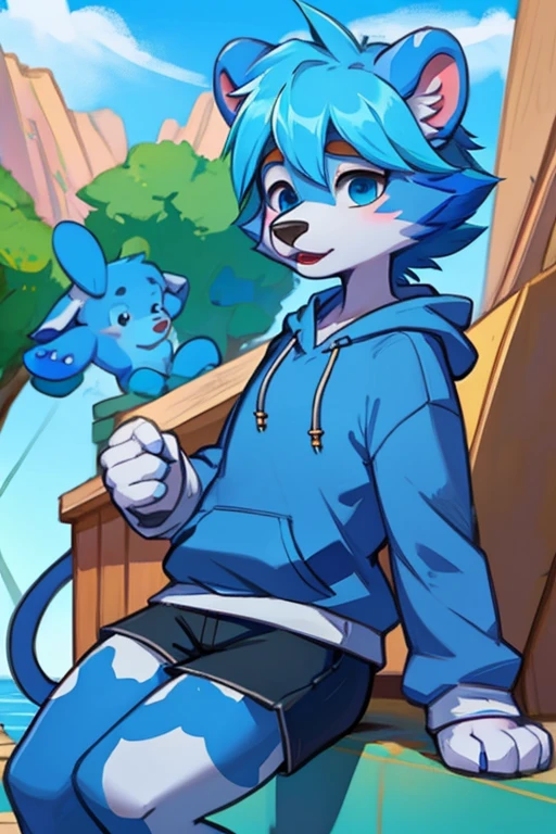 blue cartoon bear, blue cowlick, furry anthro, blue hoodie