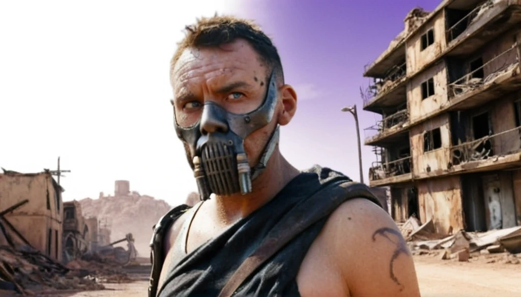 "Create a Disney Pixar-style 3D animation depicting a half-body portrait of a man navigating a post-apocalyptic world. Mad max movie style. He should be clad in dirty, ragged clothing, with a cloth concealing his mouth and nose. Behind him, portray ruins of buildings and houses, streets blanketed in sand, and destroyed vehicles, set against a dark sky with purple and orange hues. Ensure the background is heavily blurred to accentuate the character. The scene should exude a vivid and lived-in atmosphere, with warm color tones adding depth to the post-apocalyptic setting.",gutto2024abr