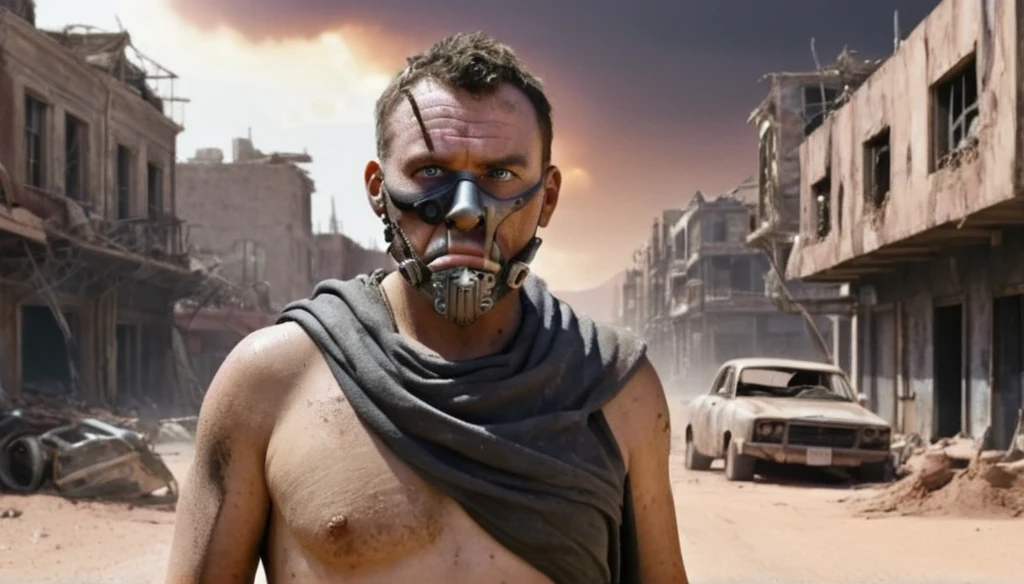 "Create a Disney Pixar-style 3D animation depicting a half-body portrait of a man navigating a post-apocalyptic world. Mad max movie style. He should be clad in dirty, ragged clothing, with a cloth concealing his mouth and nose. Behind him, portray ruins of buildings and houses, streets blanketed in sand, and destroyed vehicles, set against a dark sky with purple and orange hues. Ensure the background is heavily blurred to accentuate the character. The scene should exude a vivid and lived-in atmosphere, with warm color tones adding depth to the post-apocalyptic setting.",gutto2024abr