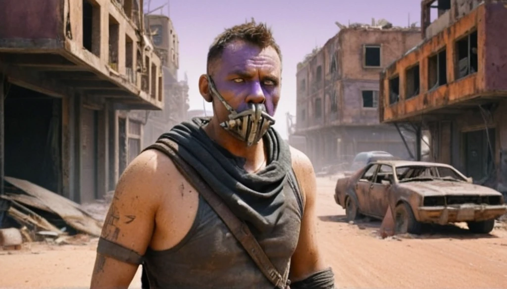 "Create a Disney Pixar-style 3D animation depicting a half-body portrait of a man navigating a post-apocalyptic world. Mad max movie style. He should be clad in dirty, ragged clothing, with a cloth concealing his mouth and nose. Behind him, portray ruins of buildings and houses, streets blanketed in sand, and destroyed vehicles, set against a dark sky with purple and orange hues. Ensure the background is heavily blurred to accentuate the character. The scene should exude a vivid and lived-in atmosphere, with warm color tones adding depth to the post-apocalyptic setting.",gutto2024abr