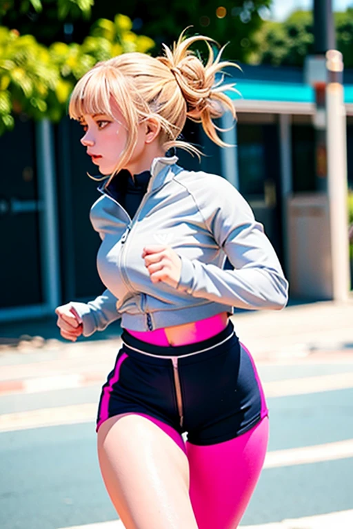 1 girl, alone, running, Grey Track Top, Pink shorts, ponytail, Athletic build, Dynamic brushwork, fluid movement, Capture the essence of her athleticism and energy, Use bright and soft colors、Creates a dreamy and fantastical atmosphere, portraying the motion and grace of running, showing the wind blowing her ponytail and clothes, And the surrounding landscape.
Outdoor, Detailed Background, Modern metropolis,