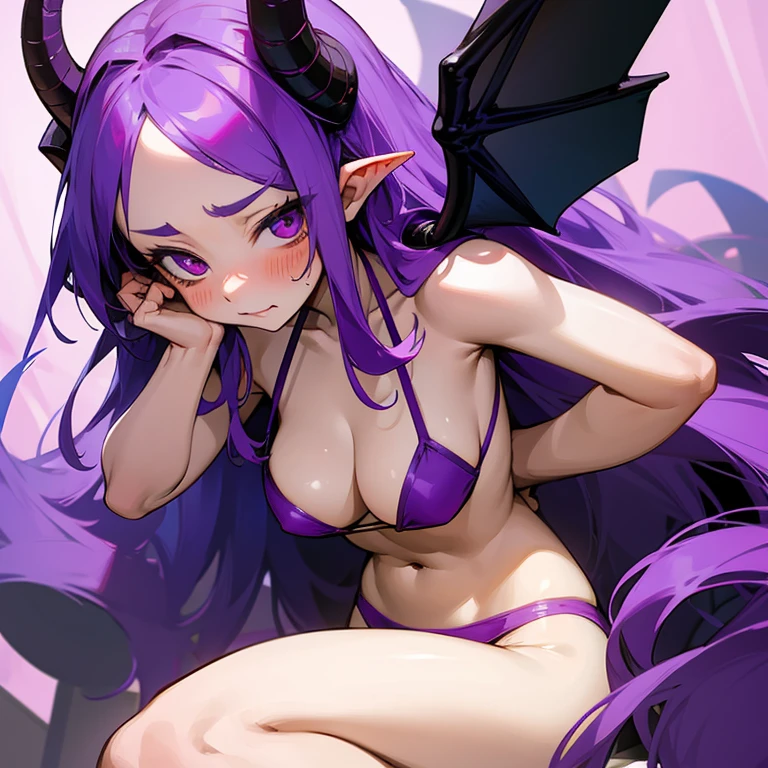 Young succubus. Horns. No wings. Shy. Blush. age. Purple hair. Large . Bikini
