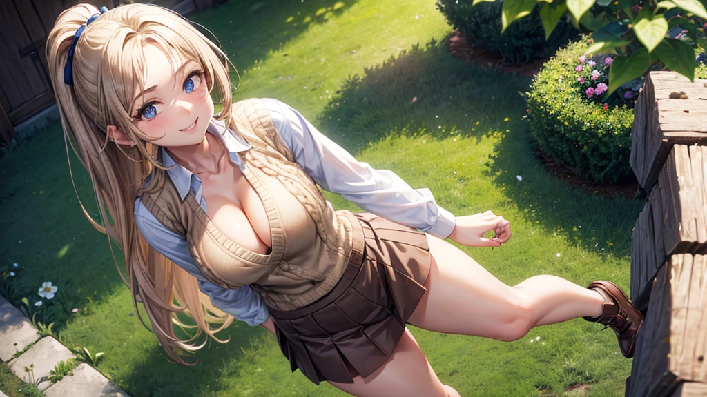 1girl, full body, solo, garden, long hair, chestnut hair, ponytail, large breasts, button down, cleavage, ((light brown vest sweater)), necklate, dark blue eyes, ((white shirt)), ((short sleeved shirt)), checked mini skirt, smile, looking at the viewer, standing, hair clip