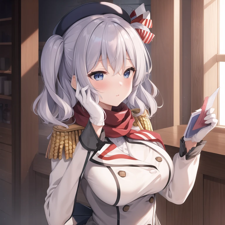 (masterpiece, best quality:1.2),illustration,8k,HD,1 Girl,Solitary,Upper Body,portrait,blush,Gray hair,blue eyes,curls,Double tail,Crane plum,Berets,Epaulettes,Ruffled sleeves,jacket,Large Breasts,Long sleeve,,mini skirt,Pleated Skirt,Red scarf,White gloves,anchor,