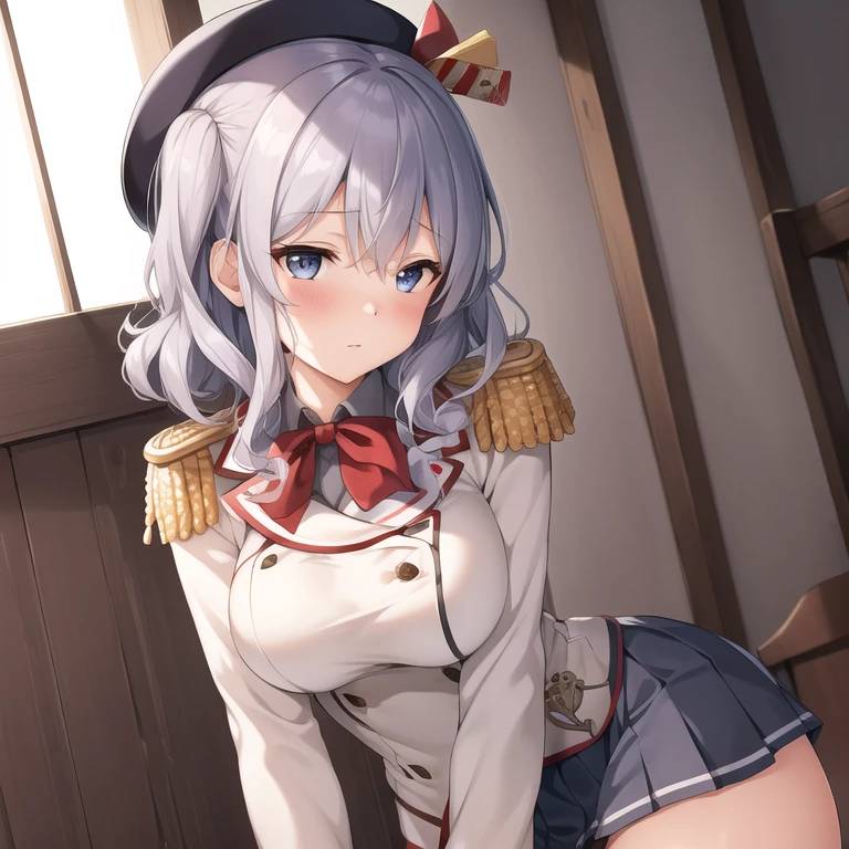 (masterpiece, best quality:1.2),illustration,8k,HD,1 Girl,Solitary,Upper Body,portrait,blush,Gray hair,blue eyes,curls,Double tail,Crane plum,Berets,Epaulettes,Ruffled sleeves,jacket,Large Breasts,Long sleeve,,mini skirt,Pleated Skirt,Red scarf,White gloves,anchor,