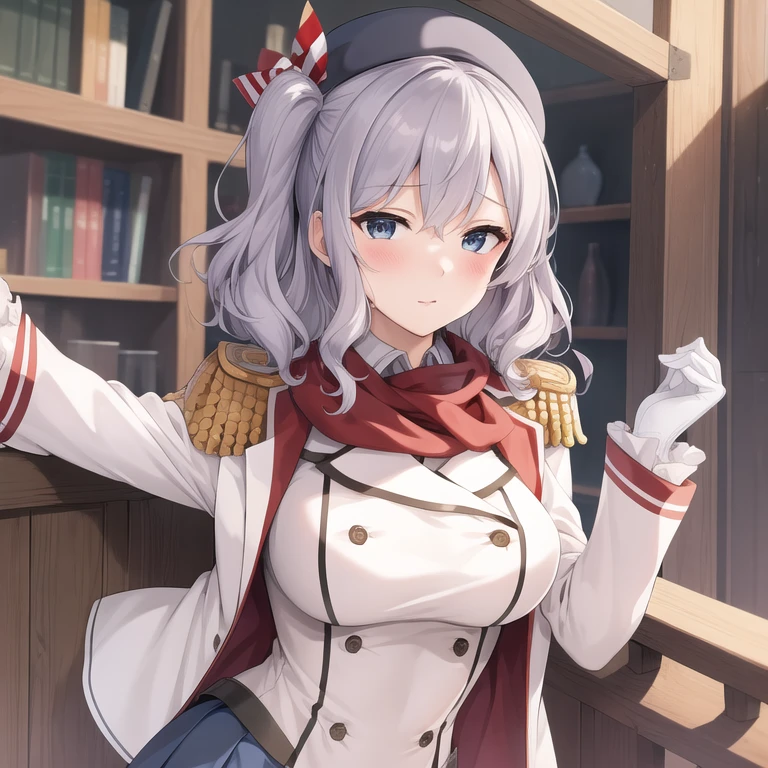 (masterpiece, best quality:1.2),illustration,8k,HD,1 Girl,Solitary,Upper Body,portrait,blush,Gray hair,blue eyes,curls,Double tail,Crane plum,Berets,Epaulettes,Ruffled sleeves,jacket,Large Breasts,Long sleeve,,mini skirt,Pleated Skirt,Red scarf,White gloves,anchor,