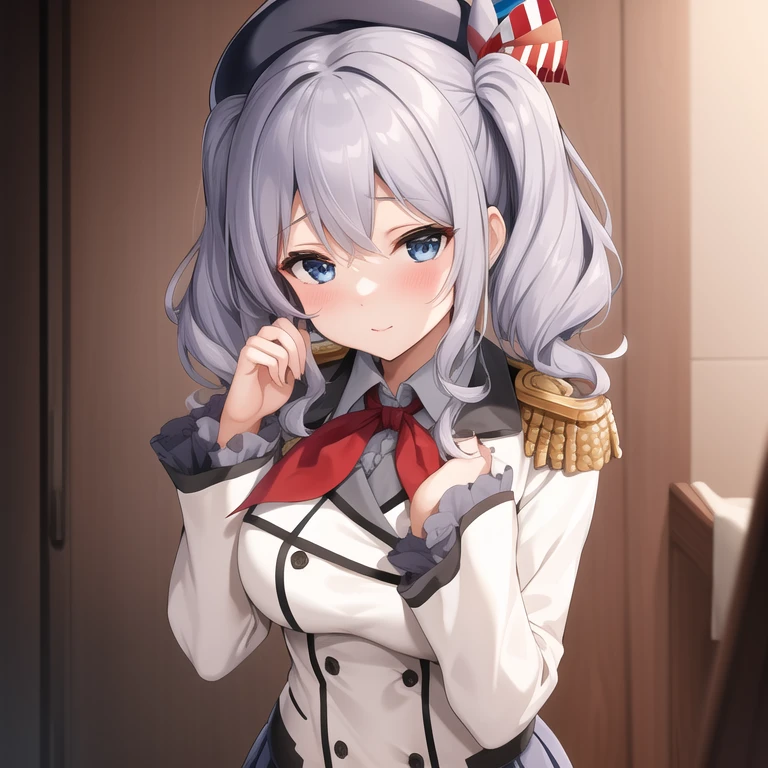 (masterpiece, best quality:1.2),illustration,8k,hd,1girl,solo,upper body,portrait,blush,grey hair,blue eyes,wavy hair,twin tails,tsurime,beret,epaulettes,frilled sleeves,jacket,large breasts,long sleeves,uniform,miniskirt,pleated skirt,red neckerchief,white gloves,anchor,